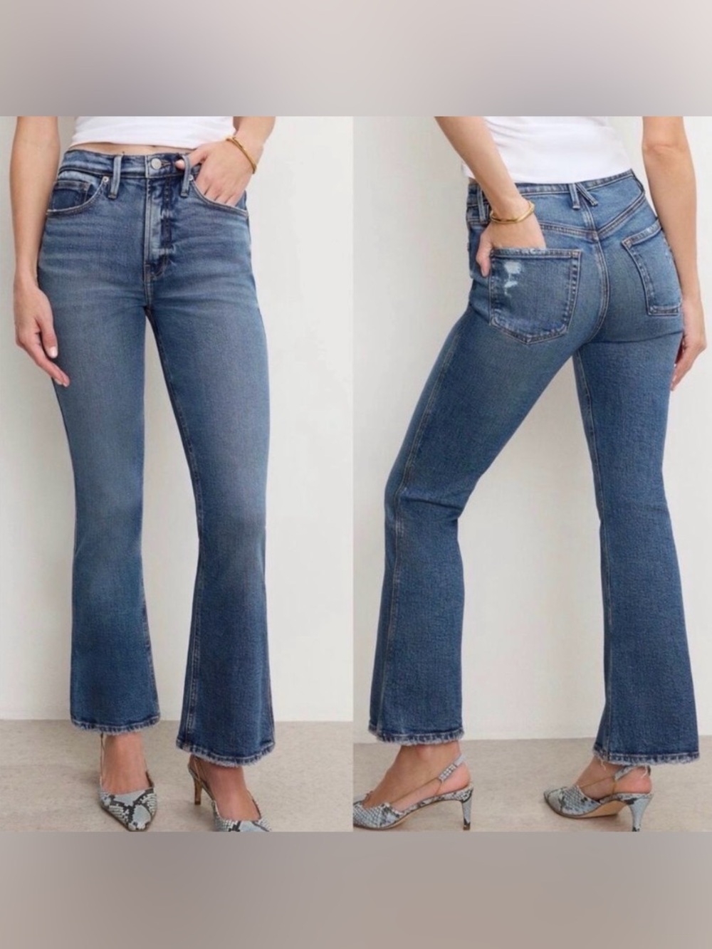 Good American Good Standard Kick Flare Jeans 6 / 28 High Rise Distressed Raw Hem